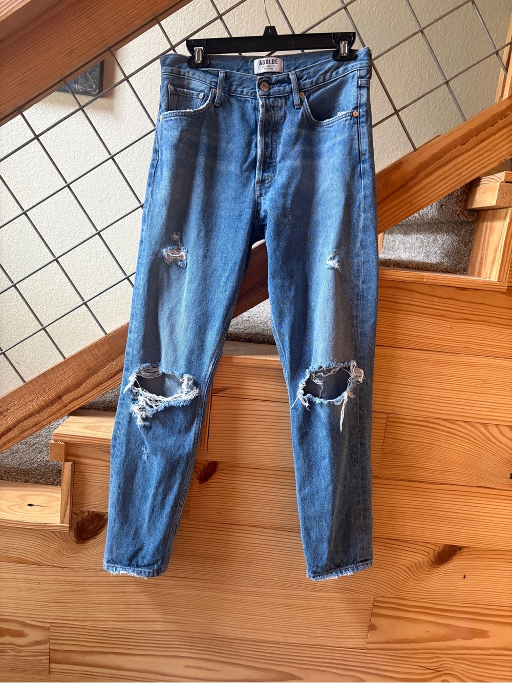 Agolde Men's Distressed Medium Blue Slim Straight Jeans